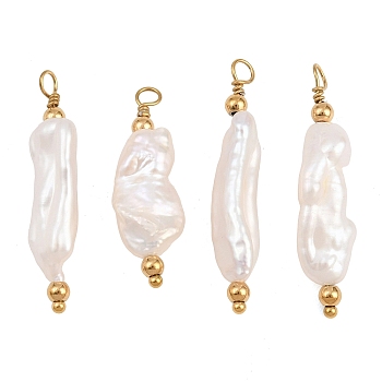 Natural Baroque Keshi Pearl Pendants, with 304 Stainless Steel Findings, Nuggets Charms, Ion Plating(IP), Floral White, Real 18K Gold Plated, 27.5~33.5x6.5~9x5.5~7.5mm, Hole: 2.5mm