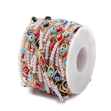 304 Stainless Steel Resin Evil Eye Link Chains with ABS Imitation Pearl Beads(CHS-P016-33G)-3