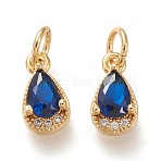 Brass Micro Pave Clear Cubic Zirconia Charms, with Jump Rings, Long-Lasting Plated, Real 18K Gold Plated, Teardrop, Blue, 10.5x5.5x3.5mm, Hole: 3.4mm(X-KK-F820-15B-G)