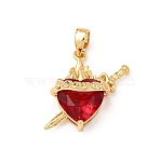 Brass Micro Pave Cubic Zirconia Pendants, Heart & Sword Charms, Rack Plating, Long-Lasting Plated, Lead Free & Cadmium Free, Red, 19x19x10mm, Hole: 5x3mm(KK-F917-08G-01)