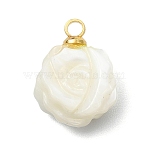 Natural Trochid Shell/Trochus Shell Double-Sided Carved Charms, Rose Flower Charms, with Brass Peg Bails, White, Golden, 13x10x5mm, Hole: 1.6mm(PALLOY-JF05484)