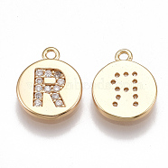 Brass Cubic Zirconia Charms, Flat Round with Letter, Nickel Free, Real 18K Gold Plated, Clear, Letter.R, 12x10x2mm, Hole: 1mm(KK-T038-194G-R)
