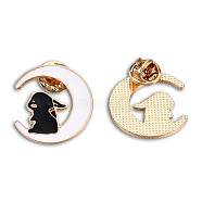 Moon with Rabbit Shape Enamel Pin, Light Gold Plated Alloy Cartoon Badge for Backpack Clothes, Nickel Free & Lead Free, Black, 28x26mm(JEWB-N007-198)