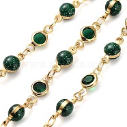 Handmade Green Glass Flat Round & Round Link Chains, with Brass Findings, with Spool, Soldered, Real 18K Gold Plated, 9.5x4.5x4.5mm, 10x4.5x1.8mm, about 16.40 Feet(5m)/Roll(KK-F871-55G)
