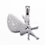 304 Stainless Steel Pendants, Fairy, Stainless Steel Color, 28x21x1.5mm, Hole: 3x5mm(STAS-K62-007P)