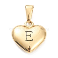 304 Stainless Steel Pendants, Heart with Black Letter, Golden, Letter.E, 16x16x4.5mm, Hole: 7x3mm(X-STAS-P278-01E-G)