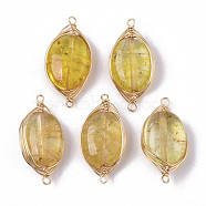 Natural Quartz Crystal Links Connectors, Dyed, Wire Wrapped Links, with Brass Wires, Oval, Light Gold, Gold, 23~24x11~12x6mm, Hole: 1~1.5mm(G-N326-23F)
