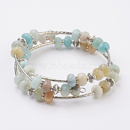 Natural Flower Amazonite Beads Wrap Bangles, 3-Loop, with Tibetan Style Bead, Tibetan Style Alloy Spacer and Brass Tube Bead, 2-1/8 inch(54mm)(BJEW-JB03578-04)