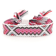 Ethnic Style Polyester Flat with Rhombus Cord Bracelets for Women, Adjustable Bracelet with Tassel, Hot Pink, 5-7/8 inch(15cm)(PW-WG4378C-02)