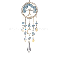 Wire Wrapped Natural Aquamarine Chip Tree of Life Window Hanging Prism Ornaments, Glass Cone Teardrop Tassel Suncatcher for Home Garden Office Decoration, 318mm, Hole: 8mm(HJEW-TA00283-01)