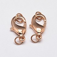 Rack Plating and Vacuum Plating Brass Lobster Claw Clasps for Jewelry Necklace Bracelet Making, with Two Jump Rings, Cadmium Free & Lead Free, Rose Gold, 12x7x3mm, Hole: 3mm(X-KK-I599-12mm-RG-RS)