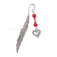 Valentine's Day Alloy Heart Pendant Bookmarks, Dyed Natural Mashan Jade Beaded Bookmark, Feather Bookmark, Heart, 115.5mm, Pendant: 61x19.5x8.5mm(AJEW-JK00270-04)