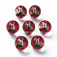 Transparent Glass Enamel Beads, Round with Tomato, Dark Red, 13.5~14x12~12.5x11.5mm, Hole: 1.6~2mm(GLAA-N049-008)