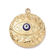 304 Stainless Steel Pendants, with Enamel, Textured, Flat Round with Evil Eye, Midnight Blue, 18.5x16x4mm, Hole: 1.4mm(STAS-A063-12G)