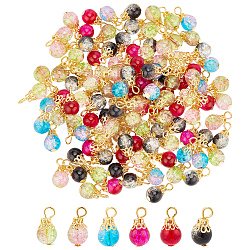 150Pcs Crackle Glass Pendants, with Iron Findings, Round, Mixed Color, 15~15.5x8mm, Hole: 2.5mm(FIND-DC0001-50)