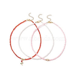 3Pcs 3 Style Glass Seed & Brass Heart Beaded Necklaces Set, Alloy Enamel Rose Charm Necklaces for Women, Red, 14.49 inch(36.8cm), 1Pc/style(NJEW-JN03965)