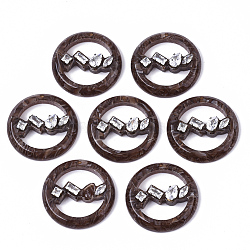 Cellulose Acetate(Resin) Pendants, with Micro Pave Cubic Zirconia, Flat Round, Saddle Brown, 26x6mm, Hole: 1.4mm(X-KY-S163-101B-01)