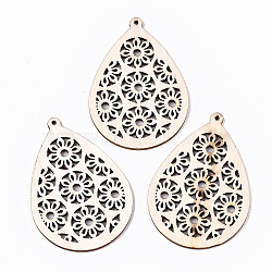 Undyed Natural Hollow Wooden Big Pendants, Laser Cut Shapes, Teardrop with Flower, Antique White, 61.5x42.5x2mm, Hole: 1.6mm(X-WOOD-N007-114)