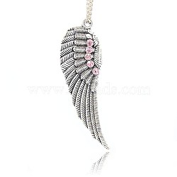 Antique Silver Plated Alloy Wing Big Pendants, with Rhinestones, Light Rose, 52x17x2mm, Hole: 2mm(X-ALRI-N019-05)