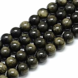 Natural Golden Sheen Obsidian Beads Strands, Round, 10x9.5mm, Hole: 1mm, about 38pcs/strand, 14.5 inch(G-S150-20-10mm)