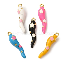 Rack Plating Brass Enamel Pendants, Cadmium Free & Lead Free, Long-Lasting Plated, Horn of Plenty/Italian Horn Cornicello with Star Charm, Real 18K Gold Plated, Mixed Color, 27x6.5mm, Hole: 1.6mm(KK-A229-29G)