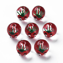 Transparent Glass Enamel Beads, Hand Drawn Beads, Round with Tomato, Dark Red, 13.5~14x12~12.5x11.5mm, Hole: 1.6~2mm(GLAA-N049-008)