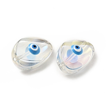 Transparent Glass Beads, with Enamel, Teardop with Evil Eye Pattern, Deep Sky Blue, 18.5x12.5x8mm, Hole: 1.2mm