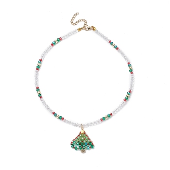 Glass Beaded Necklaces, Sead Bead Braided Christmas Tree Pendant Necklace for Women, Green, 15-1/2 inch(39.5cm)