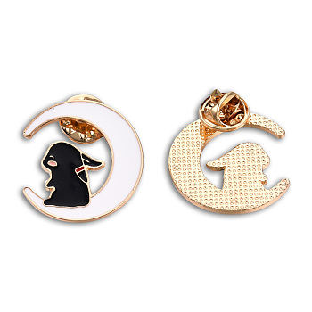 Moon with Rabbit Shape Enamel Pin, Light Gold Plated Alloy Cartoon Badge for Backpack Clothes, Nickel Free & Lead Free, Black, 28x26mm