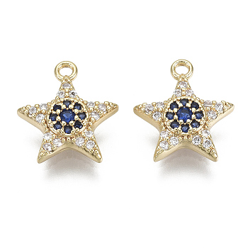 Brass Micro Pave Cubic Zirconia Charms, Nickel Free, Star, Colorful, Real 18K Gold Plated, 12x11x2.5mm, Hole: 1.2mm