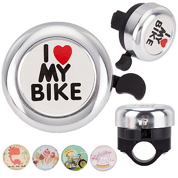 I Love My Bike Alloy Bicycle Bells, with Plastic Finding & Resin Sticker, Bicycle Accessories, Round, Silver, 54x69x53mm