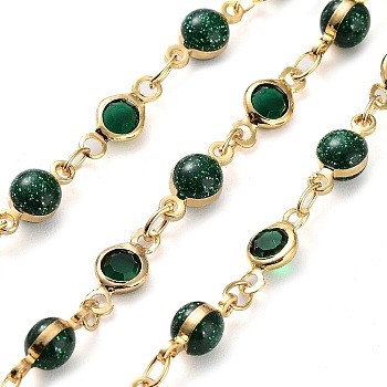 Handmade Green Glass Flat Round & Round Link Chains, with Brass Findings, with Spool, Soldered, Real 18K Gold Plated, 9.5x4.5x4.5mm, 10x4.5x1.8mm, about 16.40 Feet(5m)/Roll