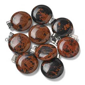 Natural Mahogany Obsidian Pendants, with 201 Stainless Steel Finding, Flat Round, 24x20x7mm, Hole: 4x7mm