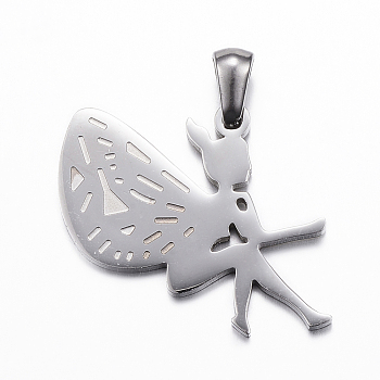 304 Stainless Steel Pendants, Fairy, Stainless Steel Color, 28x21x1.5mm, Hole: 3x5mm