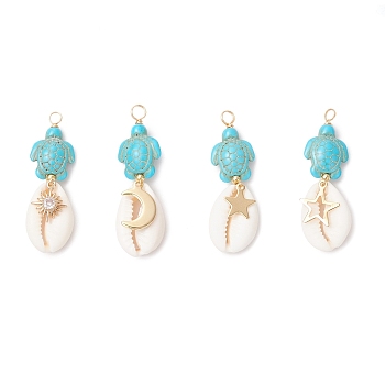 4Pcs 4 Styles Natural Cowrie Shell & Dyed Synthetic Turquoise Turtle Copper Wire Wrapped Pendants, with Stainless Steel Sun Moon Star Charms, Golden, Turquoise, 45x15x7mm, Hole: 4mm, 1pc/style