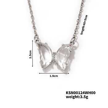 Brass Rhinestone Butterfly Pendant Necklaces for Women, Platinum, Crystal, 15.75 inch(40cm)