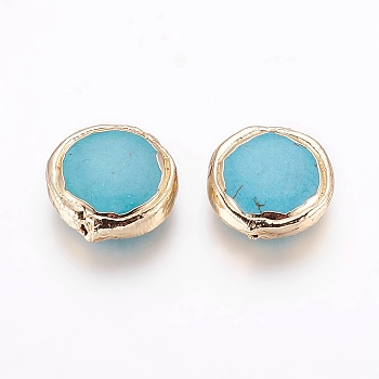 Synthetic Turquoise Beads, Brass Edge Golden Plated, Flat Round, Turquoise, 17~18x5.5~6mm, Hole: 0.8mm