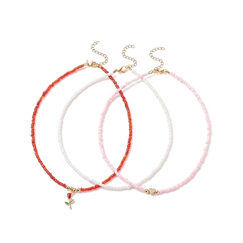 3Pcs 3 Style Glass Seed & Brass Heart Beaded Necklaces Set, Alloy Enamel Rose Charm Necklaces for Women, Red, 14.49 inch(36.8cm), 1Pc/style