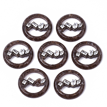 Cellulose Acetate(Resin) Pendants, with Micro Pave Cubic Zirconia, Flat Round, Saddle Brown, 26x6mm, Hole: 1.4mm