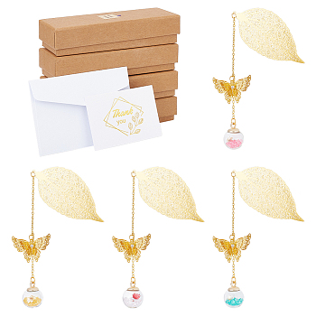Nbeads Glass Ball & 3D Brass Butterfly Pendant Bookmarks, with Paper Greeting Card & Envelopes, Cardboard Boxes, Golden