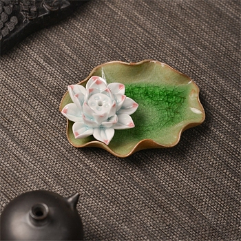 Porcelain Incense Burners,  Lotus with Leaf Incense Holders, Home Office Teahouse Zen Buddhist Supplies, Lime Green, 120x90x35mm