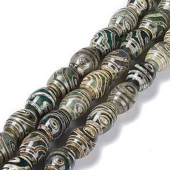 Tibetan Style dZi Beads Strands, Natural Agate Beads, Dyed & Heated, Oval, 2-Eye, 13~14x9.5~10mm, Hole: 1.2mm, about 25pcs/strand, 13.39''(34cm)