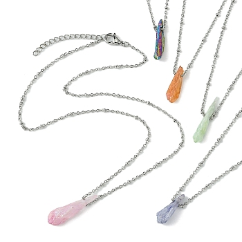 Electroplated Natural Quartz Crystal Prism Pendant Necklaces, with 304 Stainless Steel Satellite Chains, Mixed Color, Platinum, 17.32 inch(44cm)