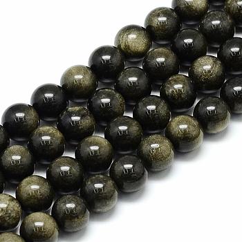 Natural Golden Sheen Obsidian Beads Strands, Round, 10x9.5mm, Hole: 1mm, about 38pcs/strand, 14.5 inch