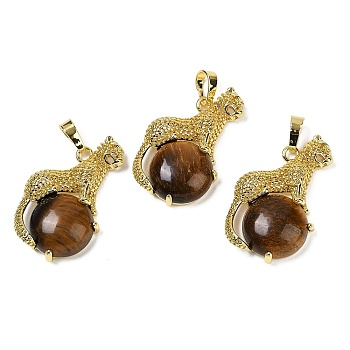 Natural Tiger Eye Ball with Leopard Shape Brass Pendants, Rack Plating, Cadmium Free & Lead Free, Long-Lasting Plated, 35x22x6.5mm, Hole: 7x3.5mm