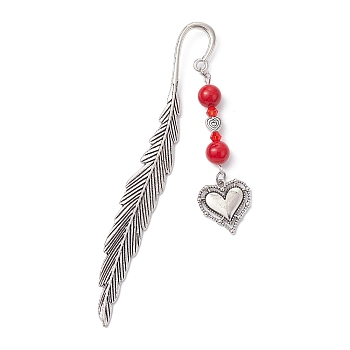 Valentine's Day Alloy Heart Pendant Bookmarks, Dyed Natural Mashan Jade Beaded Bookmark, Feather Bookmark, Heart, 115.5mm, Pendant: 61x19.5x8.5mm