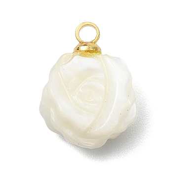 Natural Trochid Shell/Trochus Shell Double-Sided Carved Charms, Rose Flower Charms, with Brass Peg Bails, White, Golden, 13x10x5mm, Hole: 1.6mm