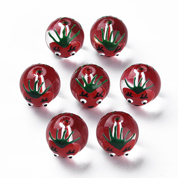 Transparent Glass Enamel Beads, Round with Tomato, Dark Red, 13.5~14x12~12.5x11.5mm, Hole: 1.6~2mm