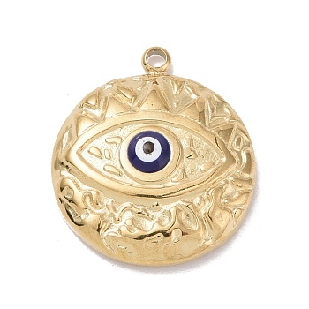 304 Stainless Steel Pendants, with Enamel, Textured, Flat Round with Evil Eye, Midnight Blue, 18.5x16x4mm, Hole: 1.4mm
