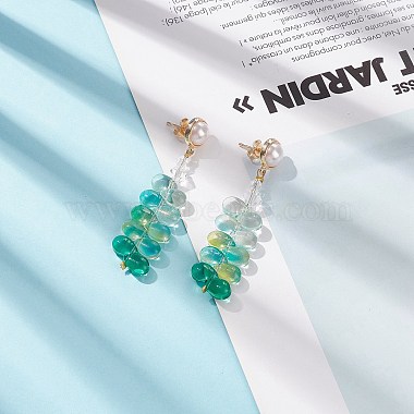 Glass Beaded Leaf Long Dangle Stud Earrings with Imitation Pearl(EJEW-TA00140)-4